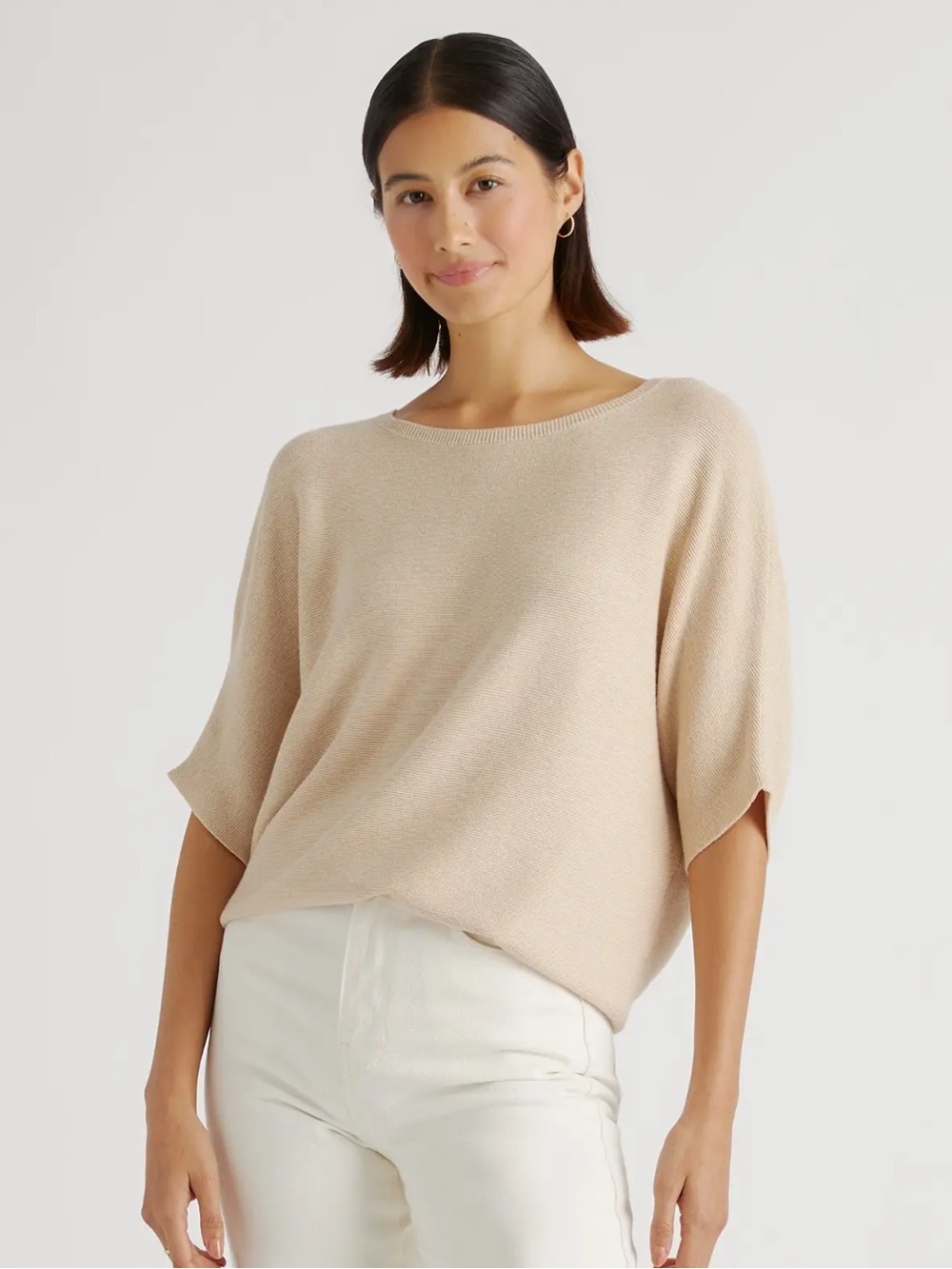 Quince Cream Scoopneck Short-Sleeve Knit Sweater